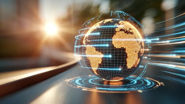 Digital Earth globe, dynamic data flow, worldwide information exchange, symbolizing global communication, advanced technology concept, bright futuristic development, universal network