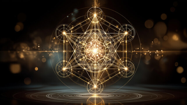 Sacred geometry Metatron's Cube with golden glowing light and spiritual energy, intricate intersecting circles and geometric lines with radiant core, mystical esoteric symbol on