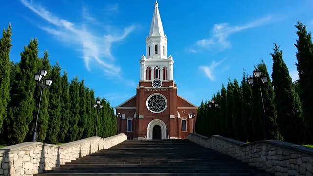 A large red brick church with a white steeple and clock tower on top of a stone staircase