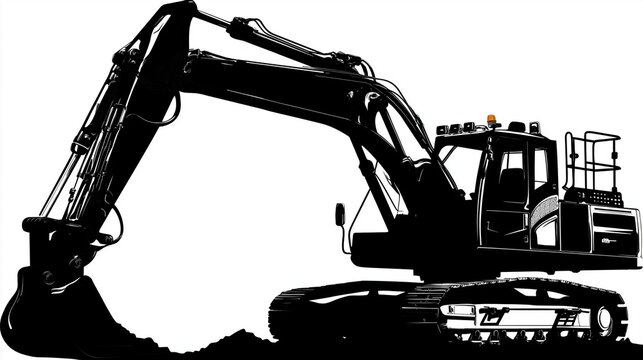 Black silhouette excavator machine heavy equipment illustration, construction digger outline graphic, earthmoving machinery icon vector, with copy space