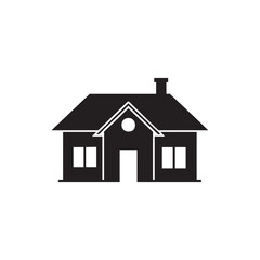 Fototapeta premium Solid black silhouette icon of a house with a pitched roof, chimney, windows, and front door, symbolizing home
