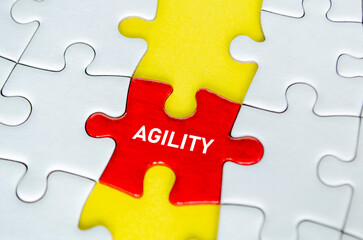 Fototapeta premium AGILITY, Red agility puzzle piece aligned vertically with a yellow connecting piece on a white jigsaw puzzle background