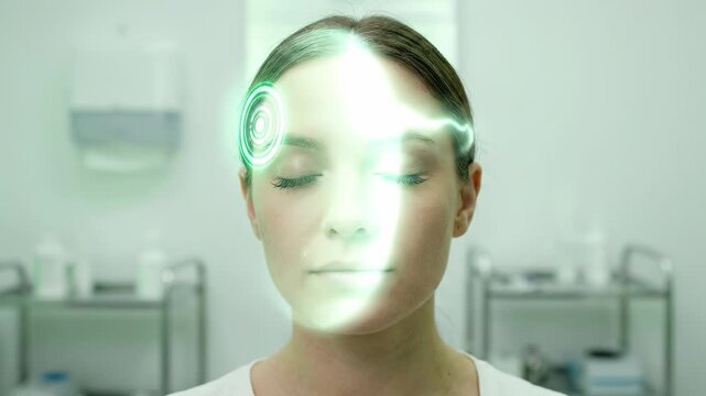 Cinematic closeup of a woman undergoing facial mapping with a holographic hud interface for skin analysis in a high-tech clinic