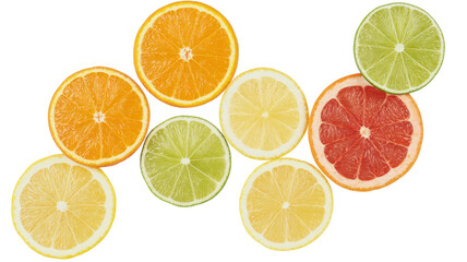 Fototapeta premium Colorful citrus fruit slices on white background isolated