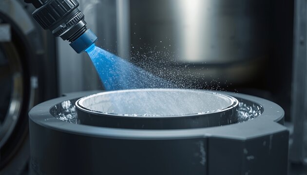 Silicon nitride coating application on DS crucible &ndash; Spray nozzle applying Si₃N₄ coating, Silicon nitride coating,  blue nozzle spraying fine powder onto crucible walls