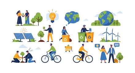 Fototapeta premium Environmental Protection & Sustainable Living Concepts: Recycling, Renewable Energy, Tree Planting & Green Habits