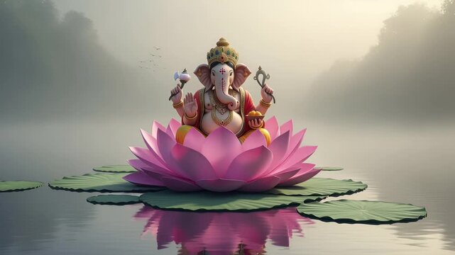 4k cinematic lord ganesha statue on lotus in misty lake