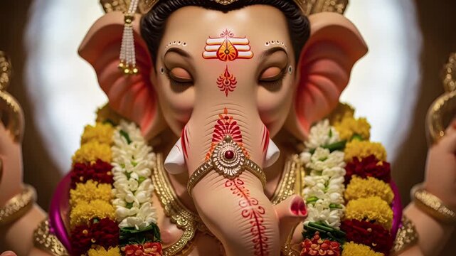 Close-up Hindu deity Ganesha statue ritual worship 4k footage