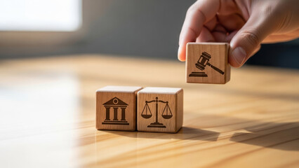 Naklejka premium A hand placing a wooden block with a gavel symbol on a table.
