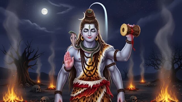 Cinematic 4k footage of hindu god shiva in mystical forest at night