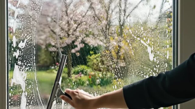 Hand using a squeegee to clean a soapy glass window with a view of a blooming cherry blossom tree in a sunny garden during spring