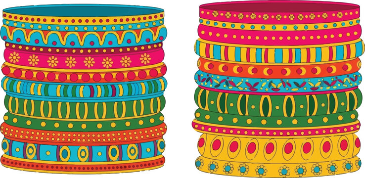 A vibrant digital illustration of two stacked sets of colorful traditional indian style bangles