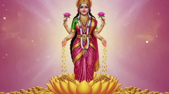 4k cinematic goddess lakshmi statue in golden glow