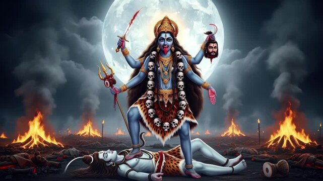 4k cinematic footage of hindu goddess kali under full moon