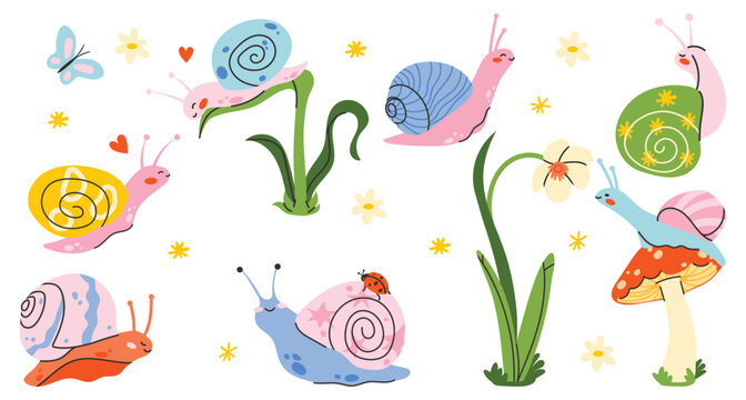 Flat snail sticker vector set in cute spring style. Funny colorful snails with flowers, leaves and mushrooms. Cozy nature collection, cartoon style. Perfect for stickers, kids design and decor.