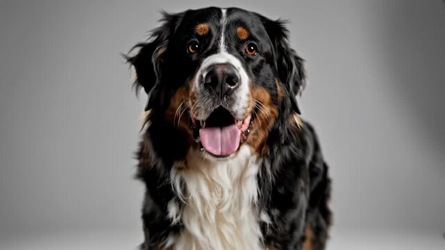 Bernese mountain dog standing in professional photo studio on grey background looking at camera, concept of pet photography and animal beauty