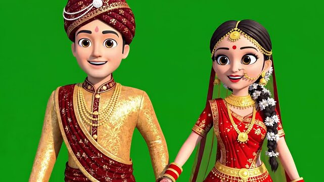 3D Cartoon Bride and Groom Walking Newly Married Couple Animation 4K Green Screen Background