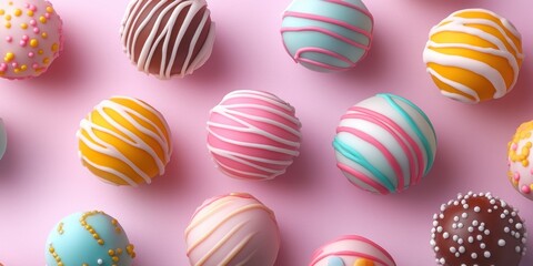 Obraz premium Colorful dessert balls arranged beautifully on a pink background, showcasing a variety of flavors and designs for a delightful treat display