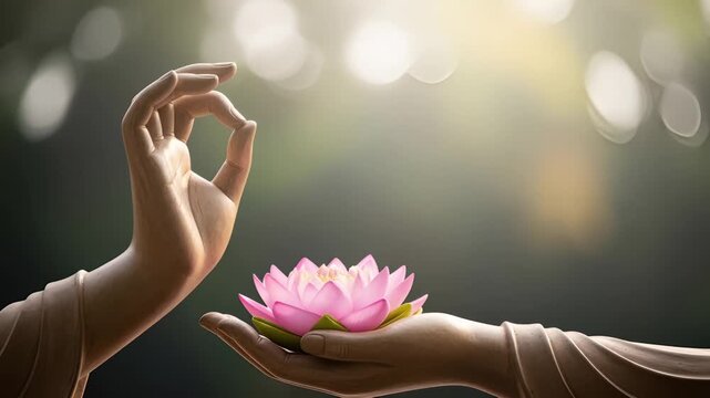 4k slow motion hand holding pink lotus flower in sunlight