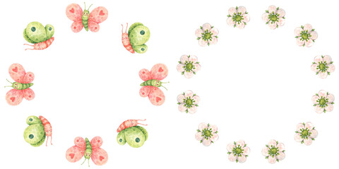 Flower wreath and cute wreath with funny butterflies. Set of two wreaths. Round frames in cartoon style with garden elements. Watercolor illustration hand drawn and isolated on a white background. © Lenka Za
