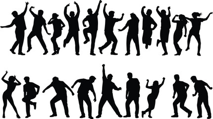 Fototapeta premium Set of happy people dancing silhouettes, group of men and women celebrating in various poses, isolated on white background, party movement.