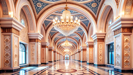 Obraz premium Grand ornate hallway with chandeliers and patterned floor