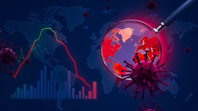 Graphic illustration of covid19 pandemic spread across the world with graphs and magnifying glass