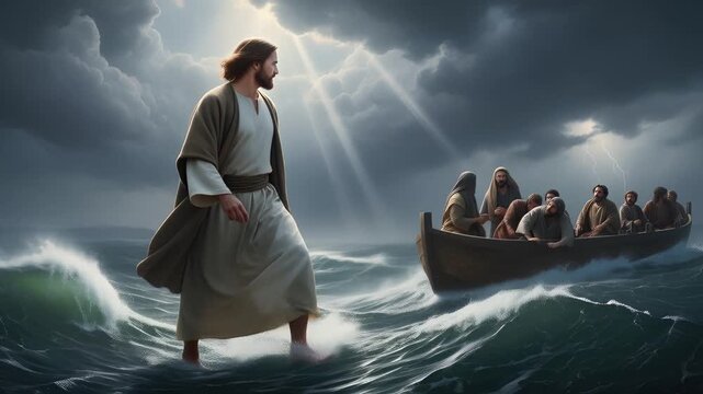 cinematic walking on water miracle scene 4k footage