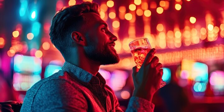 Man enjoys a colorful drink in a lively casino atmosphere during the evening