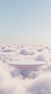 Abstract surreal white background for a dream sequence. Empty floating platform above soft clouds ready for creative superimposition, floating, abstract, perspective