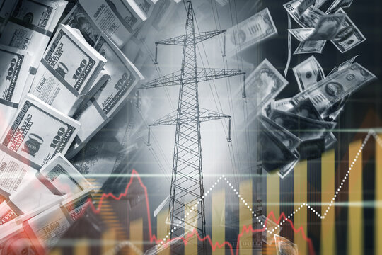 Energy market, electricity price growth and financial volatility. Power transmission tower with rising charts and flying dollar bills symbolizing tariff increase, utility costs and economic pressure.