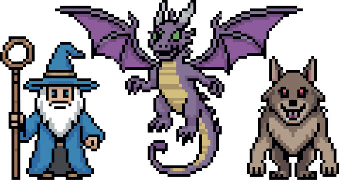  A charming trio of pixel art characters includes a wizard with a staff, a purple dragon, and a smiling wolf. These nostalgic graphics are designed in a low-resolution style reminiscent of classic 8-b