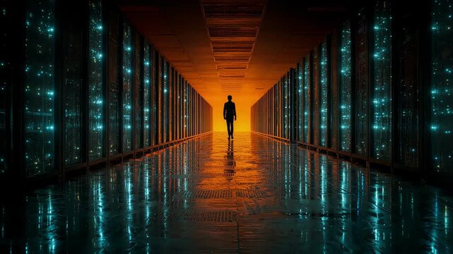 Long corridor view of a man walking in a high tech server room