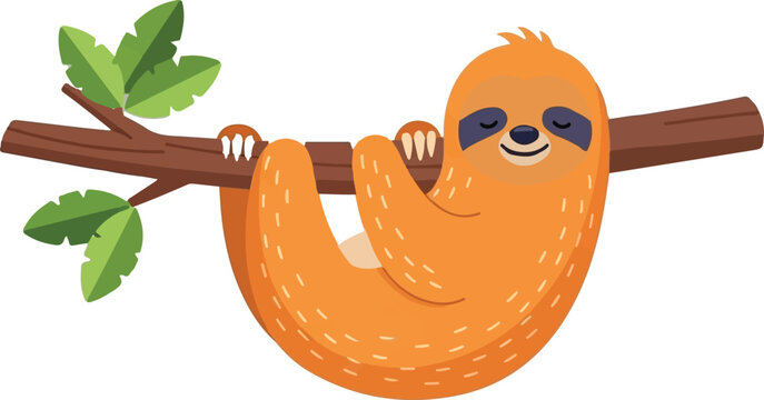 A cute cartoon sloth hanging peacefully from a brown tree branch with green leaves on white ground