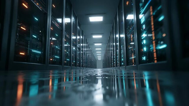 Wide view of a futuristic data center with teal neon lighting