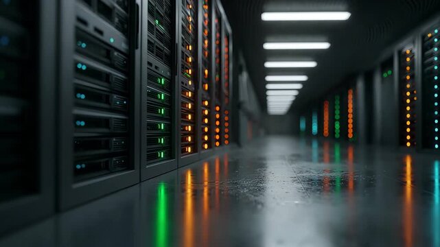 High tech server room hallway with vibrant neon green lights