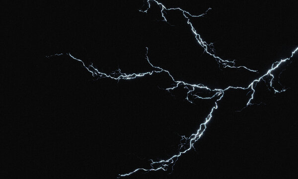 pattern of High Contrast Electrical Discharge Featuring Intense Glowing Forked Lightning Channels In Complete Darkness, black background with Noise effect