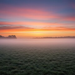 Obraz premium Wide view of a luminous, misty, empty field at dawn, providing pristine, glowing copy space for text and abstract design concepts, calm, smooth, dreamy