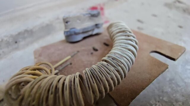 Close-up macro of an old, dusty heating coil and electrical components on a rough surface. The video highlights the spiral texture, worn insulation, and signs of decay in vintage electrical hardware.