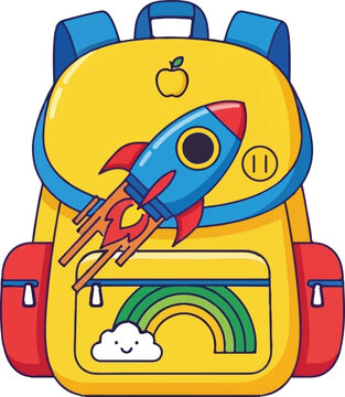 A vibrant yellow school backpack featuring a playful rocket ship and a cute rainbow cloud design