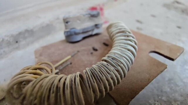 Close-up macro of an old, dusty heating coil and electrical components on a rough surface. The video highlights the spiral texture, worn insulation, and signs of decay in vintage electrical hardware.