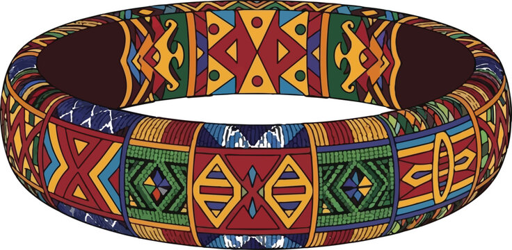 A vibrant circular bangle bracelet featuring intricate geometric patterns and bold colorful motifs
