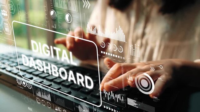 Person Interacting with Digital Dashboard on a Computer Keyboard in a Modern Workspace with Graphical Data Visualizations. Asymptotic smart data analytic.