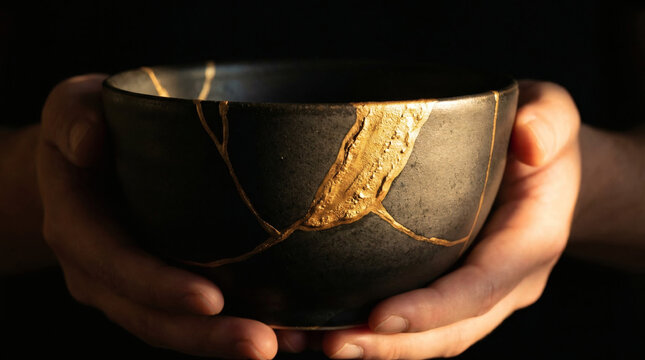 Close-up of two hands holding a dark ceramic bowl repaired with shiny gold kintsugi lacquer