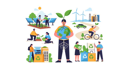 Naklejka premium Eco-Friendly Sustainable Living Illustration: People Protecting Earth, Renewable Energy, Recycling, and Green Lifestyle