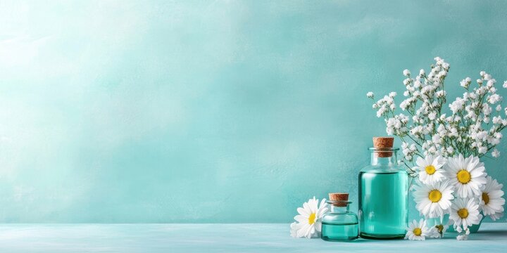 Bottles of blue liquid and white flowers arranged on a light blue background create a fresh and calming atmosphere in a wellness setting