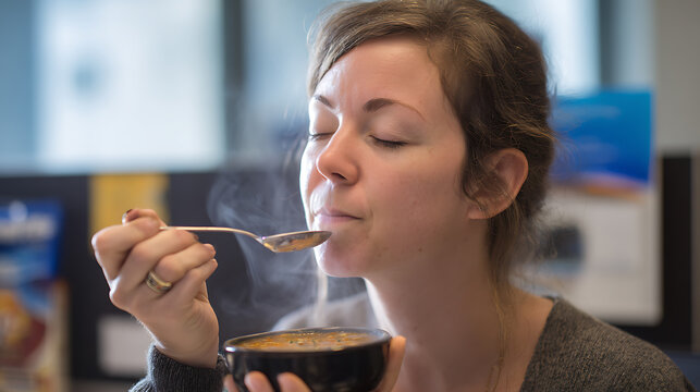 Woman Enjoy Hot Soup or Stew, Eyes Closed in Delight, Savoring Warm Meal at Home or Office, Steam Rises from Bowl and Spoon