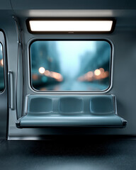 Fototapeta premium Empty modern subway train interior with city lights view at night. Urban public transportation concept