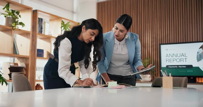 Meeting, tablet and women with annual report for financial review, business growth and planning. Collaboration, team and people with documents for finance trends, budget proposal and performance