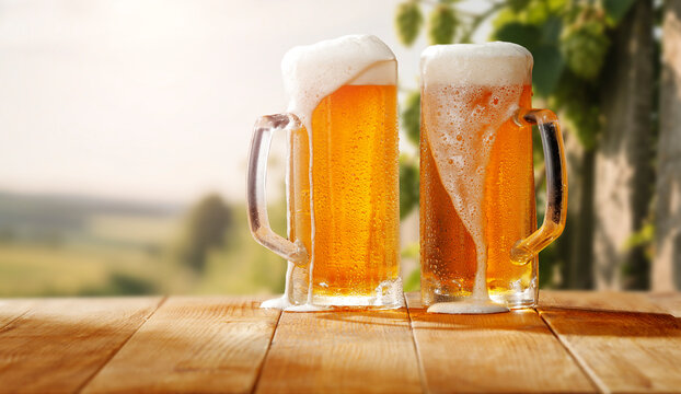 Cold beer mugs placed on rustic wooden table with softly blurred background of green garden and hop plants. Refreshing summer atmosphere and traditional brewing culture.
